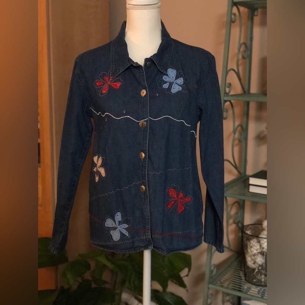 BOBBIE BROOKS Shirt Women's S Blue Button Up Floral Embroidery Longsleeve Jacket